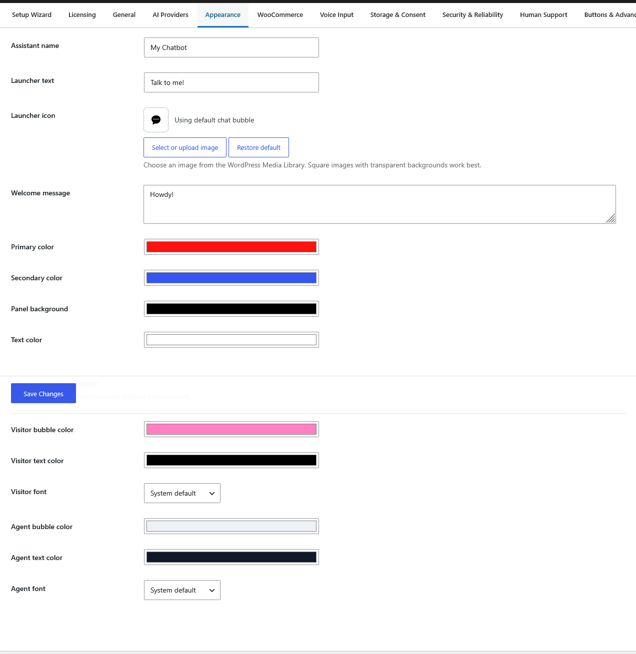 Blackwall chatbot appearance and branding settings